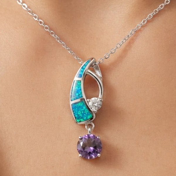 925 Sterling Silver Jewelry Pendant 3.96 G. with Multi Color Blue Created Opal & Created Amethyst 925 Sterling Silver Jewelry Pendant 3.96 G. with Multi Color Blue Created Opal & Created Amethyst